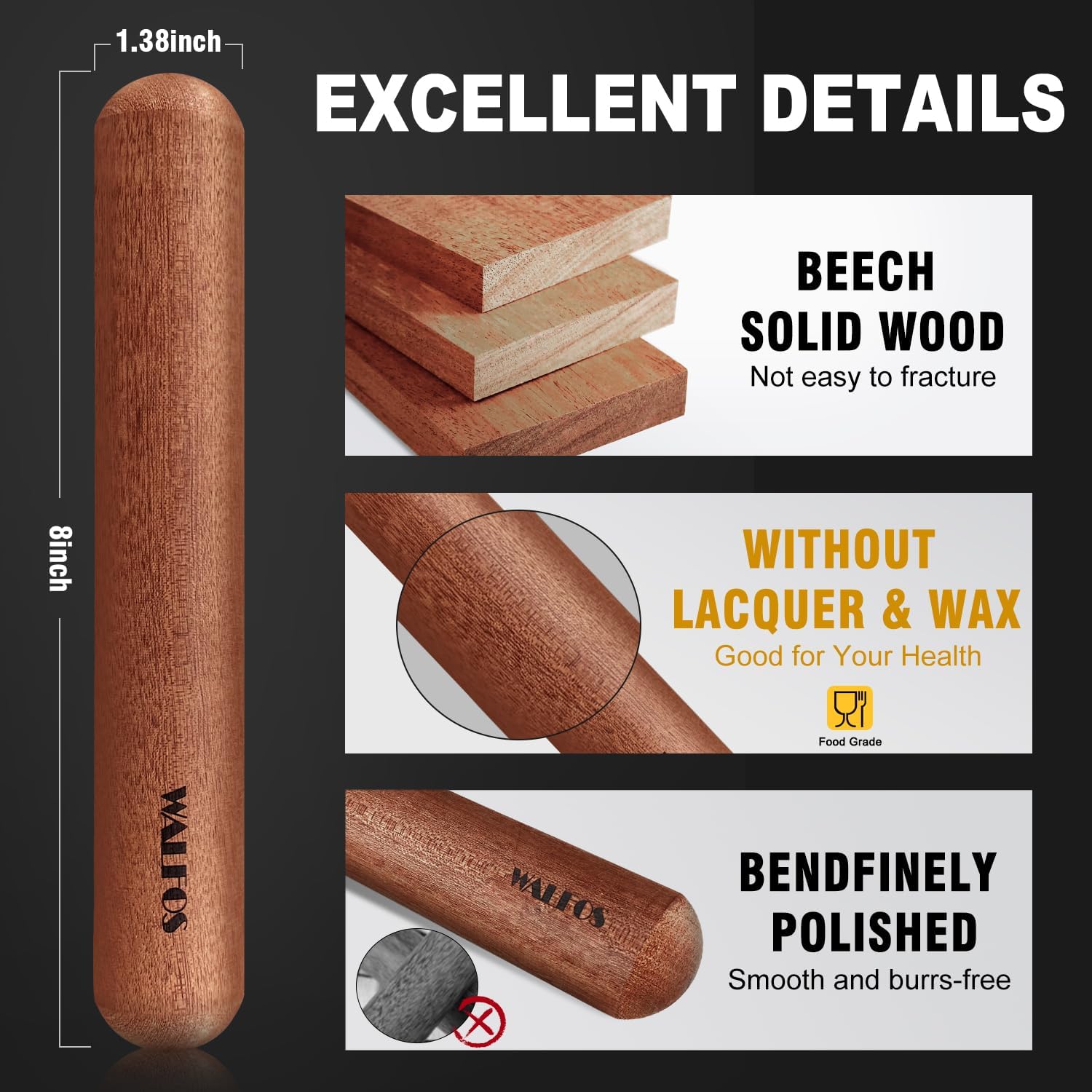 Walfos Mini Rolling Pin - Small Natural Wooden Rolling Pins, Baking Dough Roller for Pizza, Pie, Pasta, Bread, Pastry, No Coating (8inch)