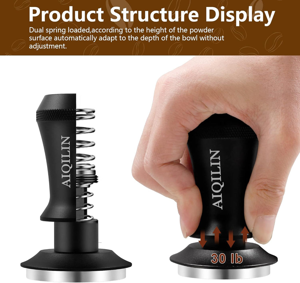 Espresso Tamper, Constant 30lb Coffee Tamper with double Calibrated Spring Loaded, Stainless Steel double spring loaded Coffee Tamper Fits for All Portafilters- Flat Base (58mm, BLACK)