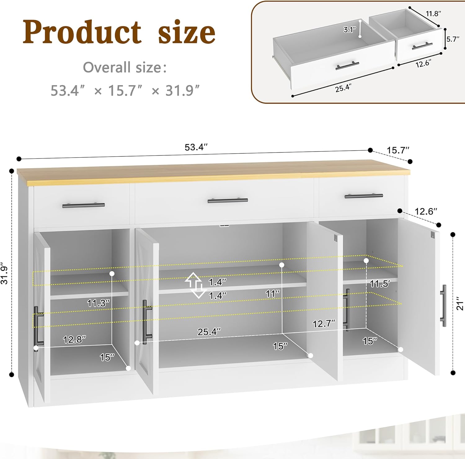 Vongrasig 53' Large Sideboard Cabinet with 4 Doors and 3 Drawers, Farmhouse Buffet Table Coffee Bar Kitchen Storage Cabinet, Wood Buffet Table for Kitchen, Dining Room, White