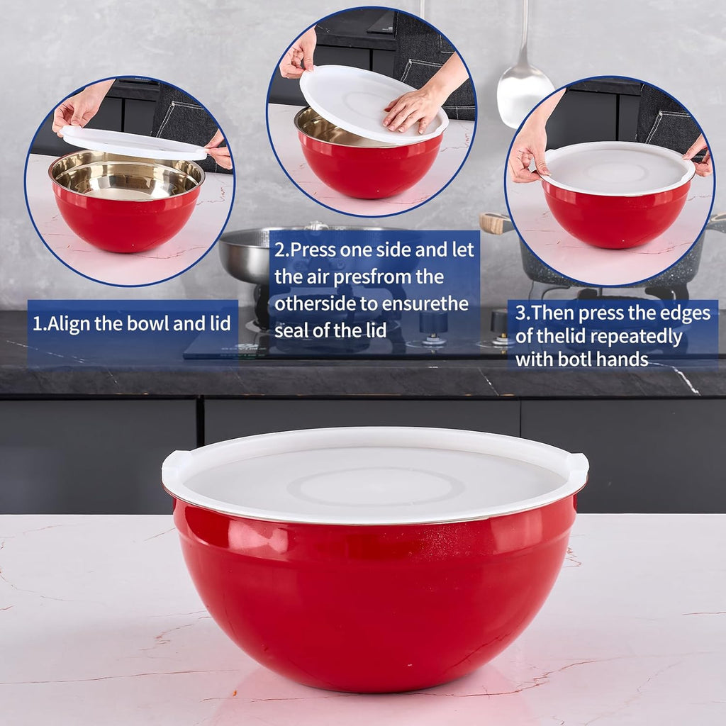Red Mixing Bowls With Airtight Lids,Stainless Steel Bowl,Salad Bowls 7 Piece Colorful Nesting Bowl Red Kitchen Accessories,Size 7,3.6,2.7,2.1,1.5,1.1,0.8QT Stackable Design