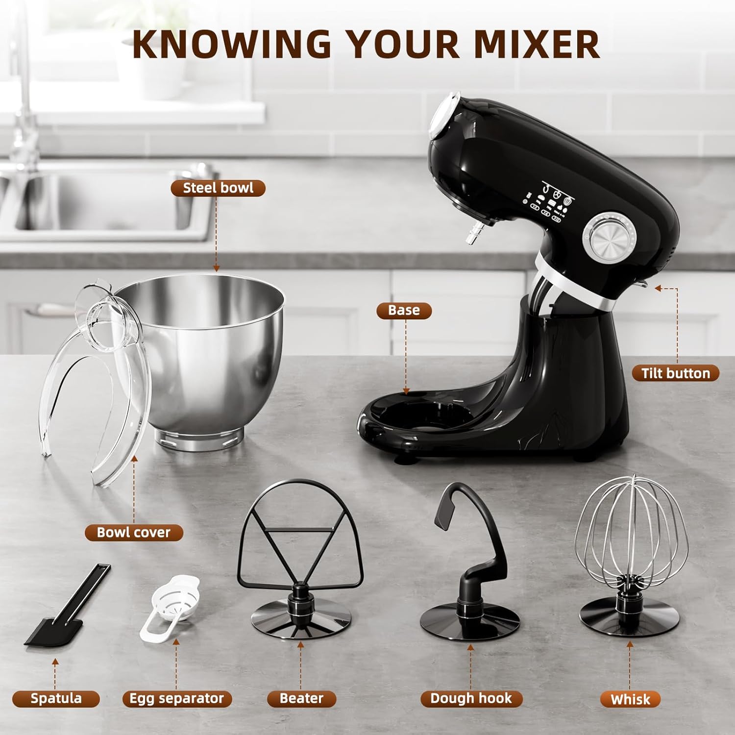Cowsar Stand Mixer, 12 Speeds Tilt-Head Electric Commercial Stand Mixer, 3-In-1 Kitchen Mixer with Bowl, Dough Hook, Whisk and Beater, Black
