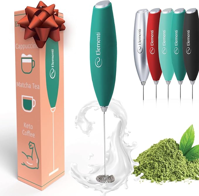 Elementi Matcha Whisk Frother - Matcha Mixer & Handheld Electric Whisk - Make Creamy, Dreamy Lattes at Home (Emerald Green)