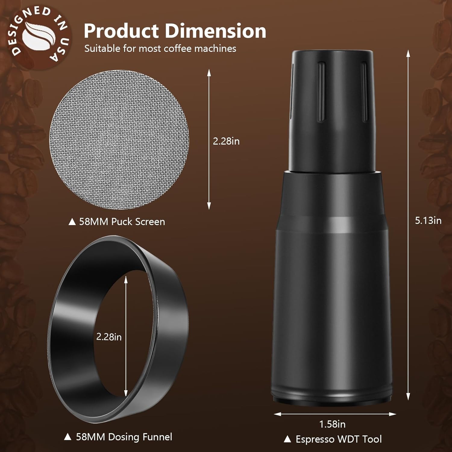 WDT Tool Espresso Distributor Accessory kit &1.7mm Thickness 150μm Mesh Puck Screen & 8 Magnets dosing ring Compatible with Portafilter (WDT +58MM Black dosing ring&puck screen)