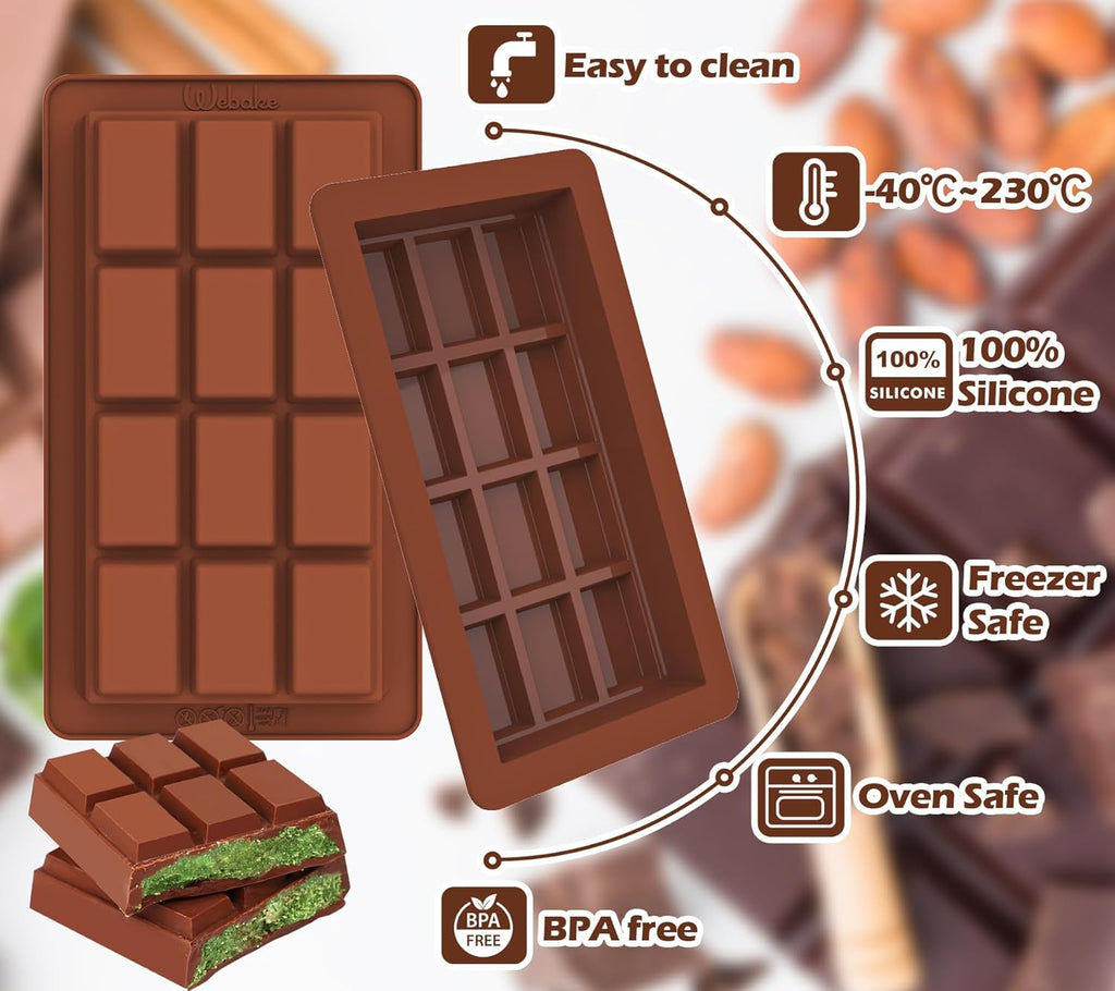 Webake 1 Inch Deep Chocolate Bar Mold 12 Snap, Large 2 Pack Silicone Thick Chocolate Bar Molds, Big Dubai Chocolate Bar Mold for Stuffed, Perfect for Filling Knafeh Pistachio