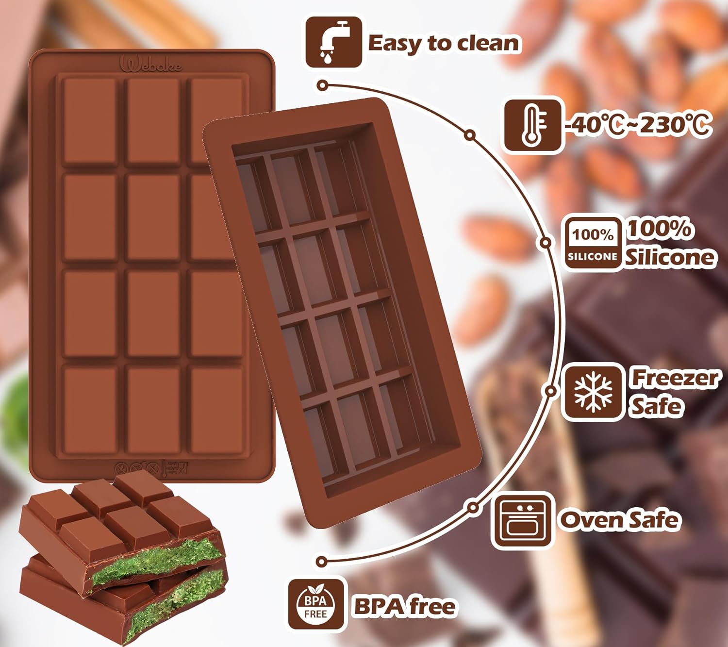 Webake 1 Inch Deep Chocolate Bar Mold 12 Snap, Large 2 Pack Silicone Thick Chocolate Bar Molds, Big Dubai Chocolate Bar Mold for Stuffed, Perfect for Filling Knafeh Pistachio