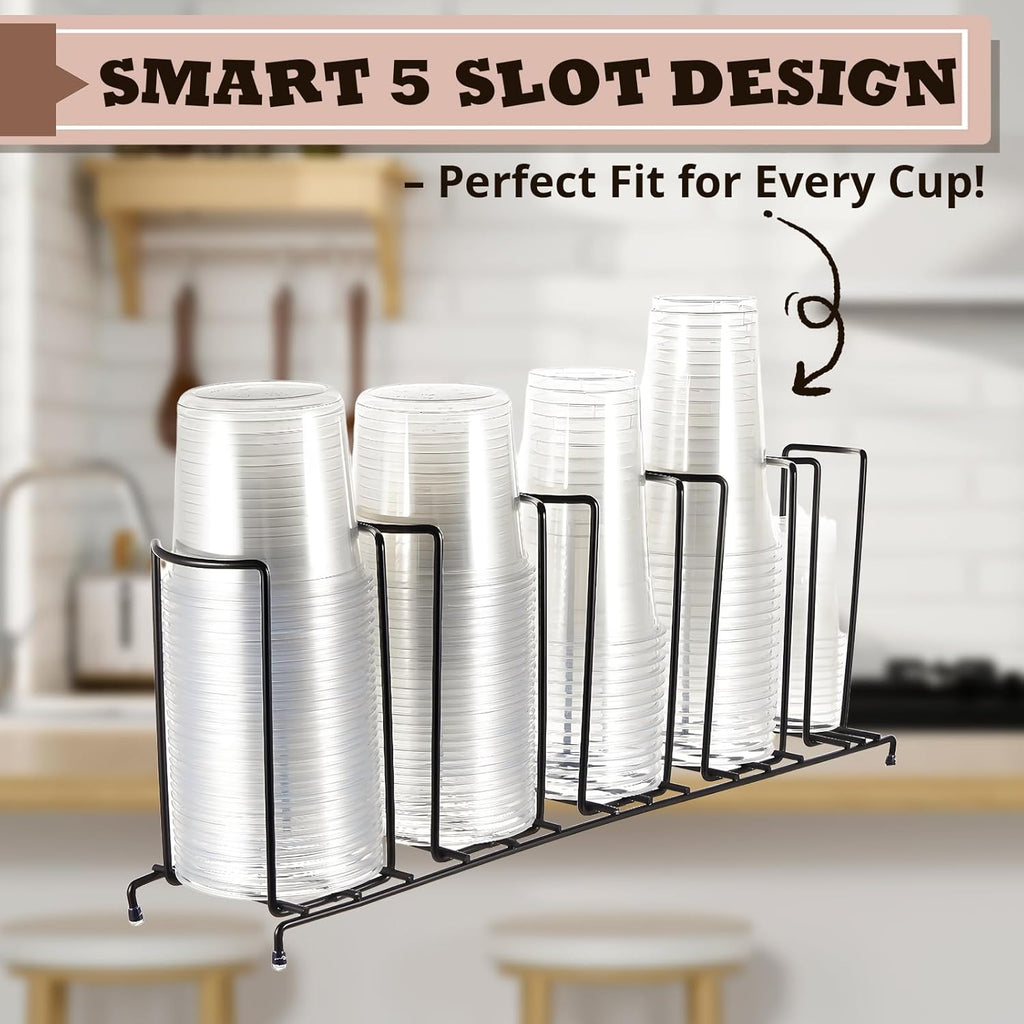 Maxdot 2 Pcs 5 Section Coffee Cup Organizers 23 x 5 x 8.5 Inch Wire Rack Coffee Cup and Lid Holder Black Iron Lid Dispenser Countertops Organizer for Kitchen Storage Essentials