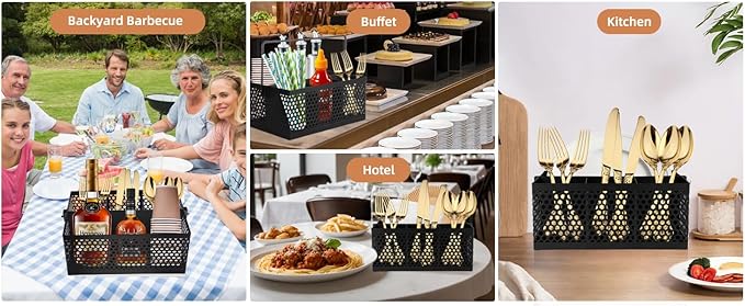 Utensil Caddy With Handle - Silverware and Napkin Holder for Party, Picnic, Countertop, Camping - Metal Cutlery Organizer in Black