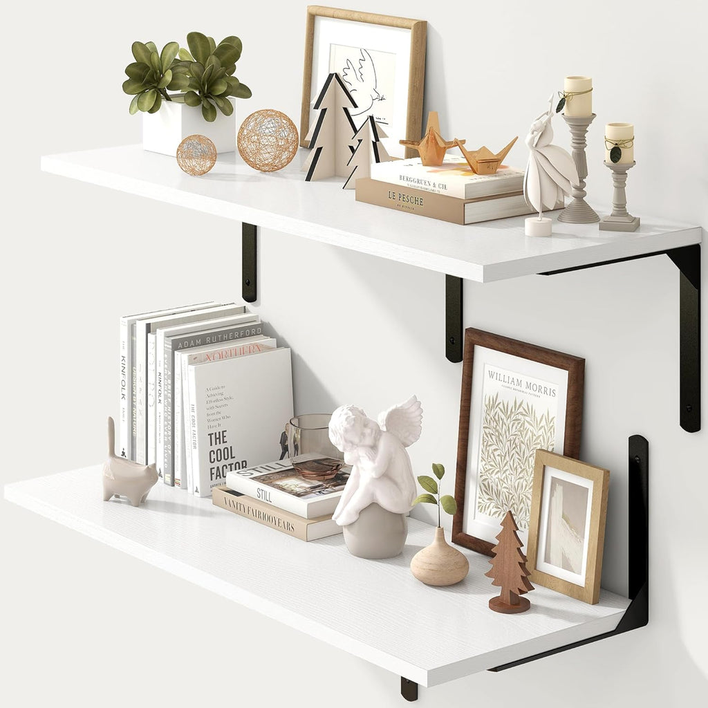 Fun Memories Floating Shelves for Wall, 12 Inch Deep Floating Shelves Set of 2, Wall Mounted Shelf with Metal Brackets, Rustic Wood Wide Shelf for Bathroom, Kitchen and Living Room, White, 36W x 12D