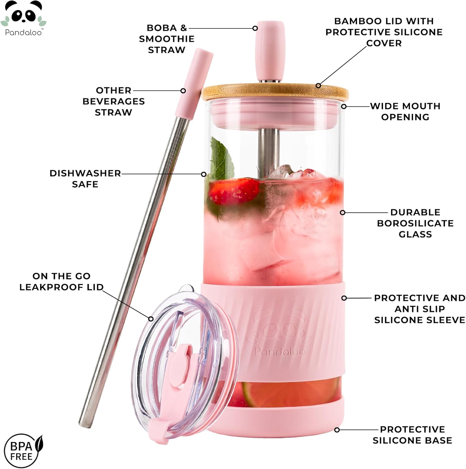 Pandaloo® Glass Cups With Lids and Straws -20 Fl Oz- Perfect Size Iced Coffee Cup - Smoothie Cup With Bamboo Lid and On the go Lid - Glass Tumbler With Straw (1 Count (Pack of 1), Tender Pink)