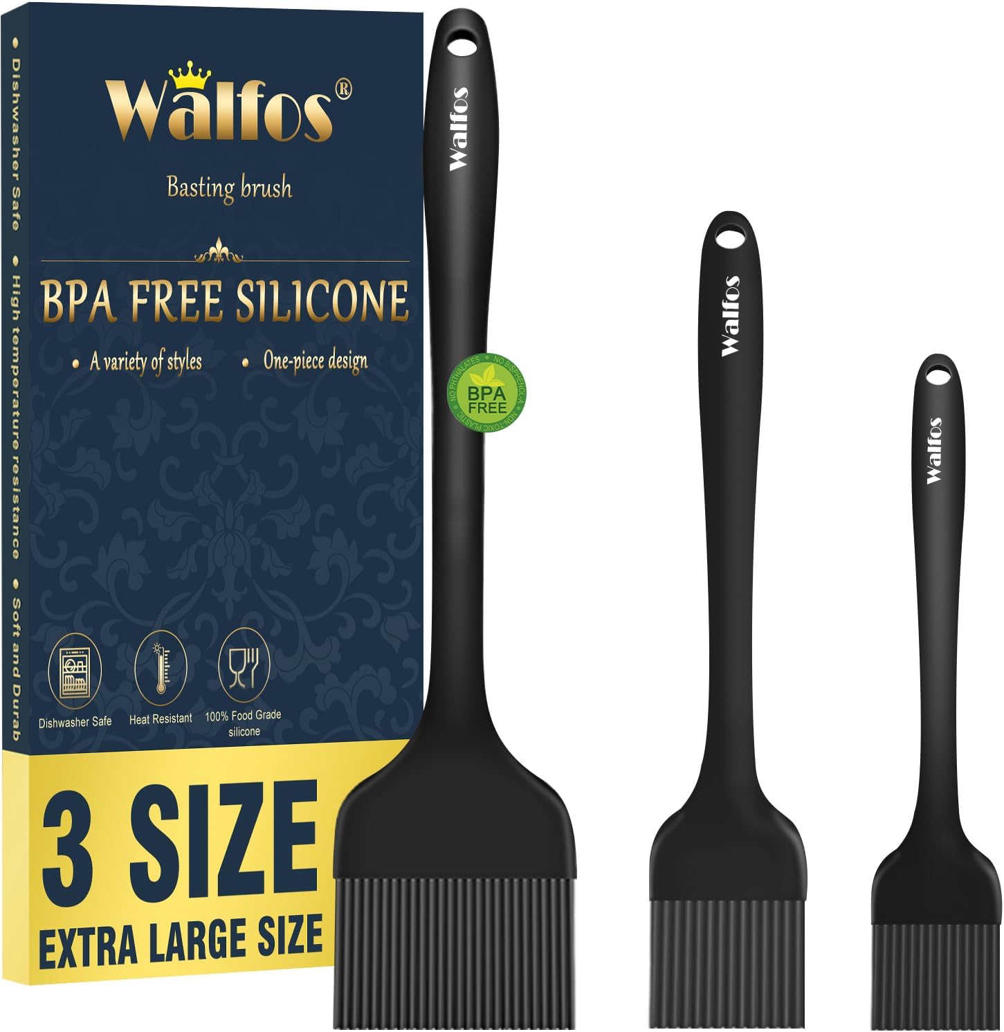 Walfos 3 Size Basting Brush, High Heat Resistant Silicone Pastry Brushes for Barbecue, Baking, Kitchen Cooking, Desserts- Strong Stainless Steel Core Technology