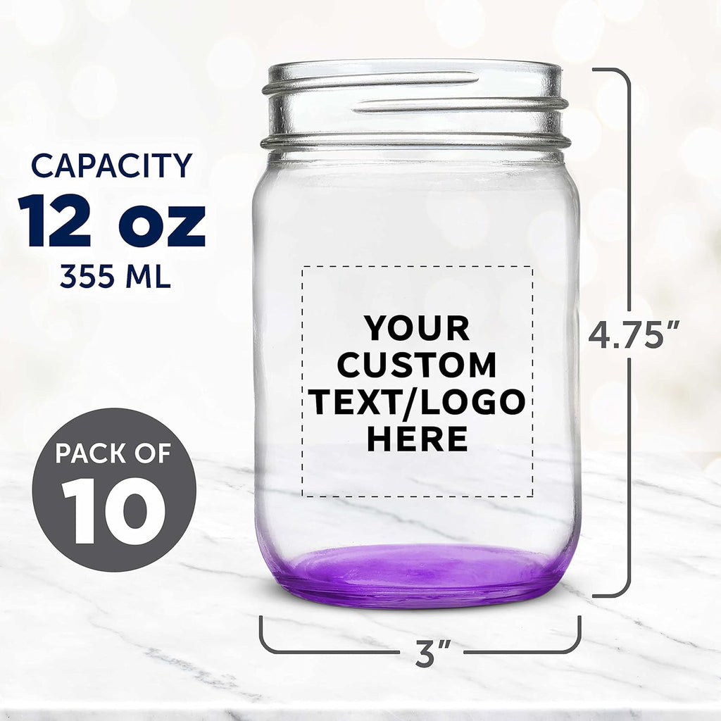 DISCOUNT PROMOS Custom Decorating Mason Jars 12 oz. Set of 10, Personalized Bulk Pack - Glass Jars for Overnight Oats, Candies, Fruits, Pickles, Spices, Beverages - Purple