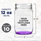 DISCOUNT PROMOS Custom Decorating Mason Jars 12 oz. Set of 10, Personalized Bulk Pack - Glass Jars for Overnight Oats, Candies, Fruits, Pickles, Spices, Beverages - Purple