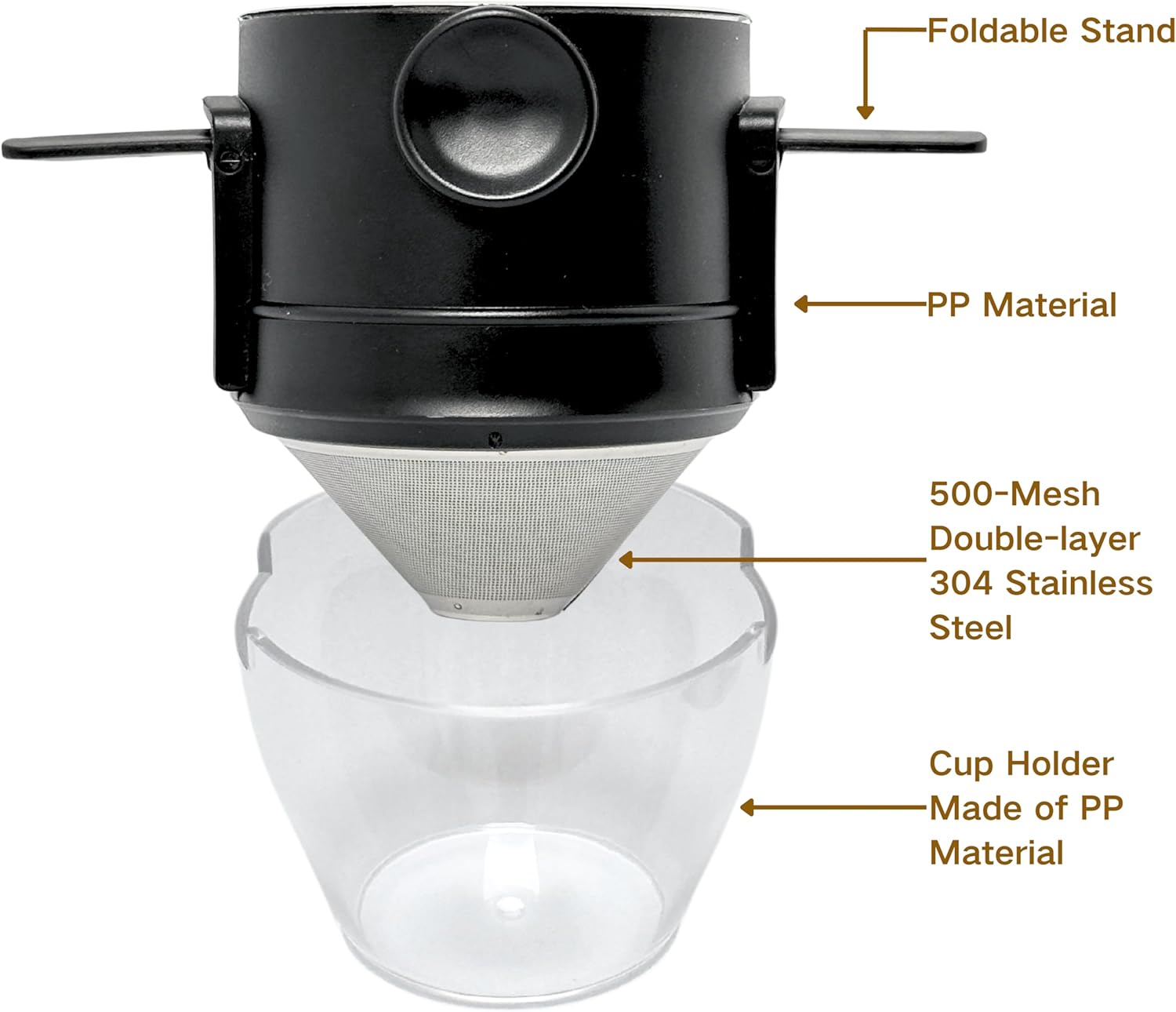Stainless Steel Pour Over Coffee Dripper with Food-Grade PP Cup – Foldable, Reusable Filter for 1–2 Cups – Paperless, Portable & Easy to Clean – Perfect for Travel Camping Office