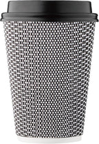 [100 SET]Harvest Pack 12 oz Disposable Coffee Cups, Insulated Ripple Double-Walled Paper Cups with Lids, Black and White Geometric, Drinking Cups for Tea Hot Chocolate Drinks To go coffee cups
