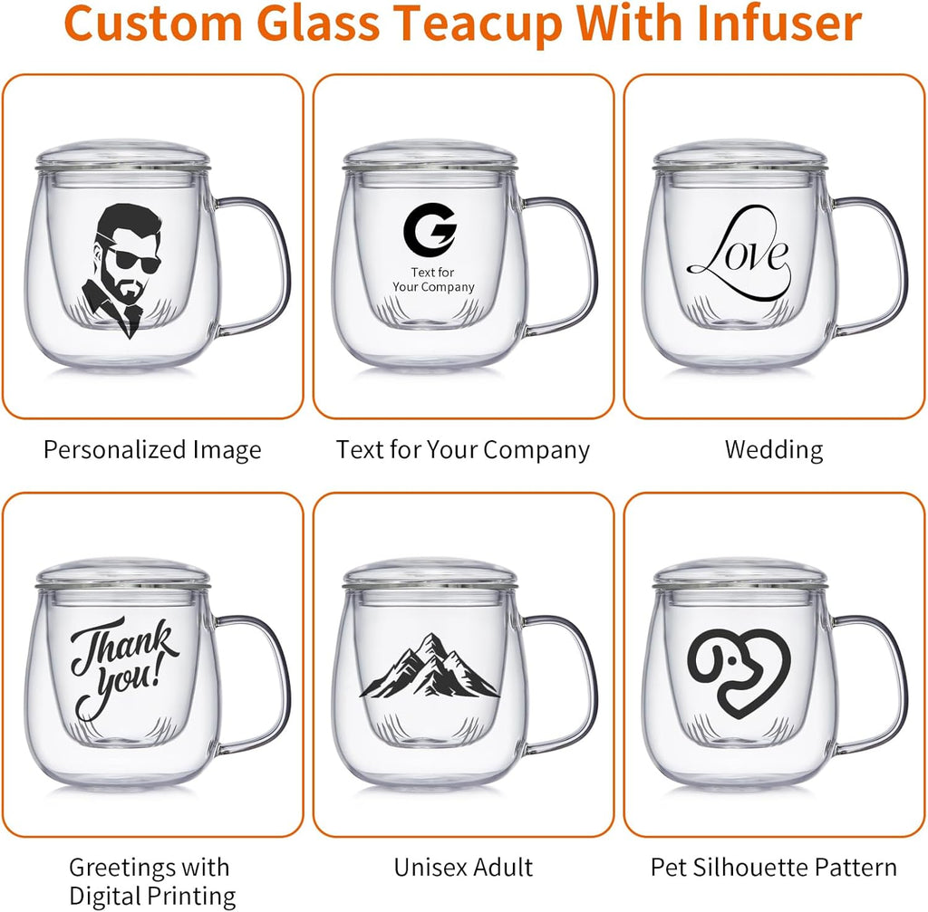 OEM Custom Personalized Gifts Glass Tea Cup with Infuser and Lid,Customized Large Borosilicate Teacup, Clear Mug for Loose Leaf Blooming Tea Maker Gift for Friend, Family