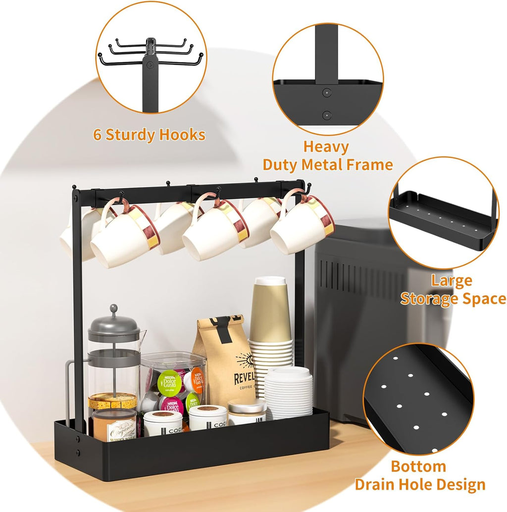 RCHYFEED Coffee Mug Holder Organizer with Movable Hooks, Coffee Cup Holder for Countertop, Metal Coffee Mug Tree Stand with Storage Basket, Cups Mug Rack for K Cup Pod Coffee Bar Kitchen, Black