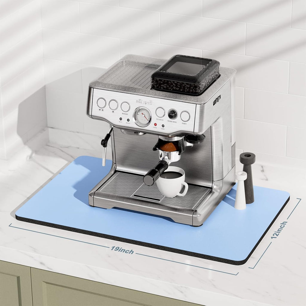 Rnivvi Coffee Mat, 12" x 19" Coffee Bar Mats for Espresso Machine Station Accessories and Organizer, Hide Stain Rubber Backed Absorbent Dish Drying Pad for Kitchen Counter, Cute Bar Decor Pad, Blue