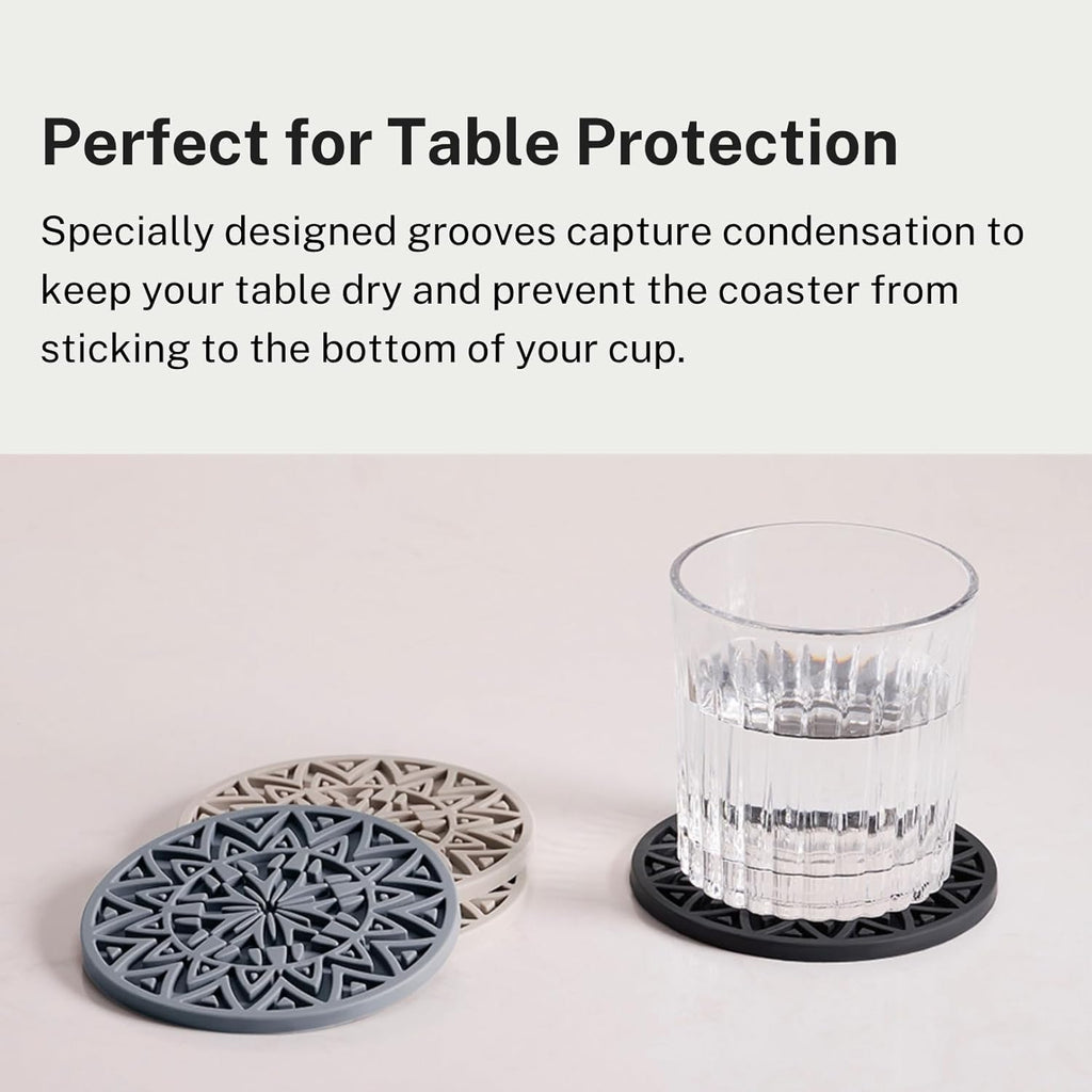 Set of 6 Black Silicone Coasters with Holder, Drink Coasters with Tribal Pattern Shape- for Table Protection, Anti Slip, Nonstick, Heat Resistant, Deep Tray