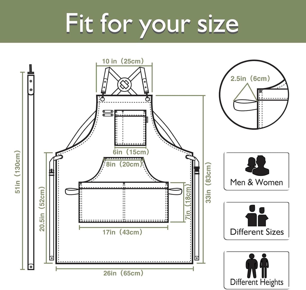 5 Pack Kitchen Apron, Work Apron, Canvas, Multiple Pockets, Gardening, Painting, BBQ, Artist, Carpenter, Sizes M to XXL, Olive