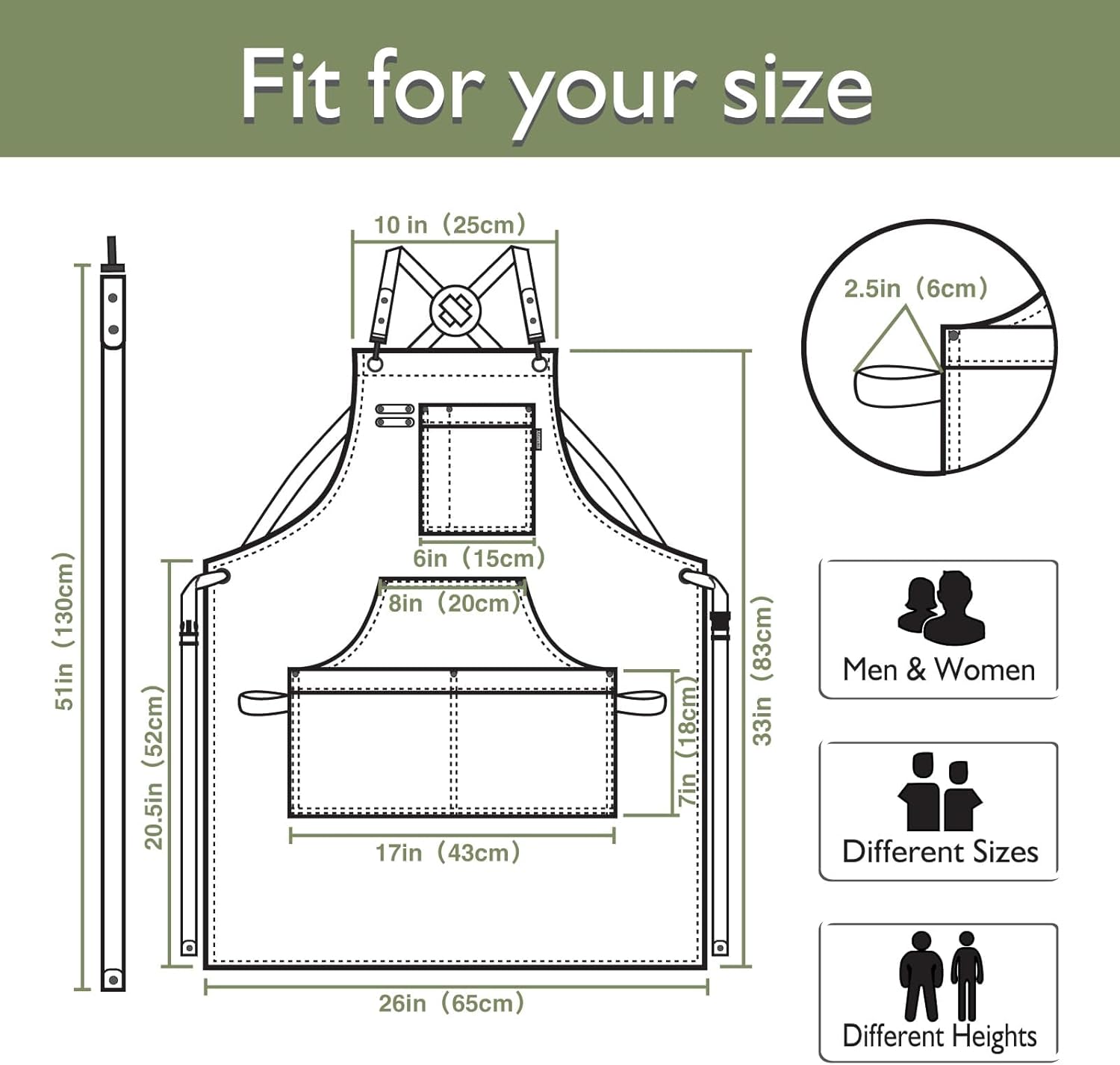 5 Pack Kitchen Apron, Work Apron, Canvas, Multiple Pockets, Gardening, Painting, BBQ, Artist, Carpenter, Sizes M to XXL, Olive