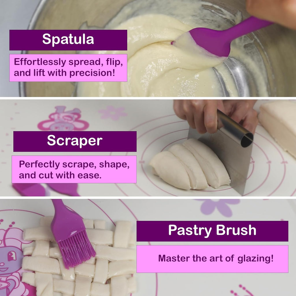 Silicone Baking Mat Set | Non-Stick Dough Rolling Pastry with Rolling Pin for Cookie Pie Crust Pizza Bread | Extra Large Dough Mat | Silicone Pastry Mat Kit Extra Thick with accessories