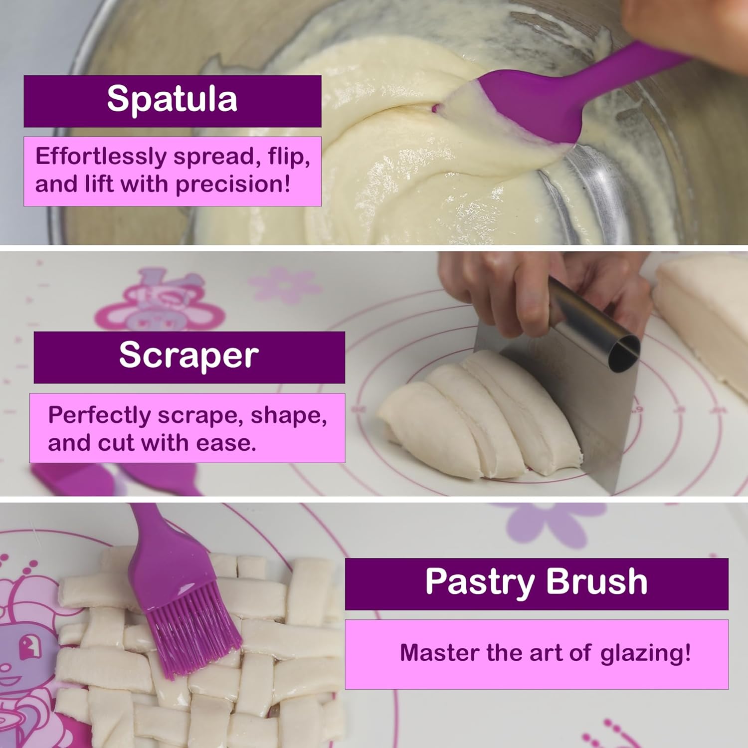 Silicone Baking Mat Set | Non-Stick Dough Rolling Pastry with Rolling Pin for Cookie Pie Crust Pizza Bread | Extra Large Dough Mat | Silicone Pastry Mat Kit Extra Thick with accessories