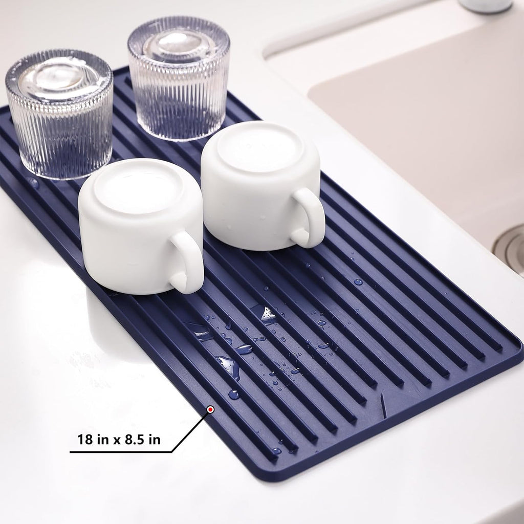 Dish Drying Mat, Small Silicone Drying Mat for Kitchen Counter, Heat Resistant Silicone Trivet for Countertop Protector, Super Thick Dish Drying Pad for Cup/Bottle/Glassware, Long & Narrow