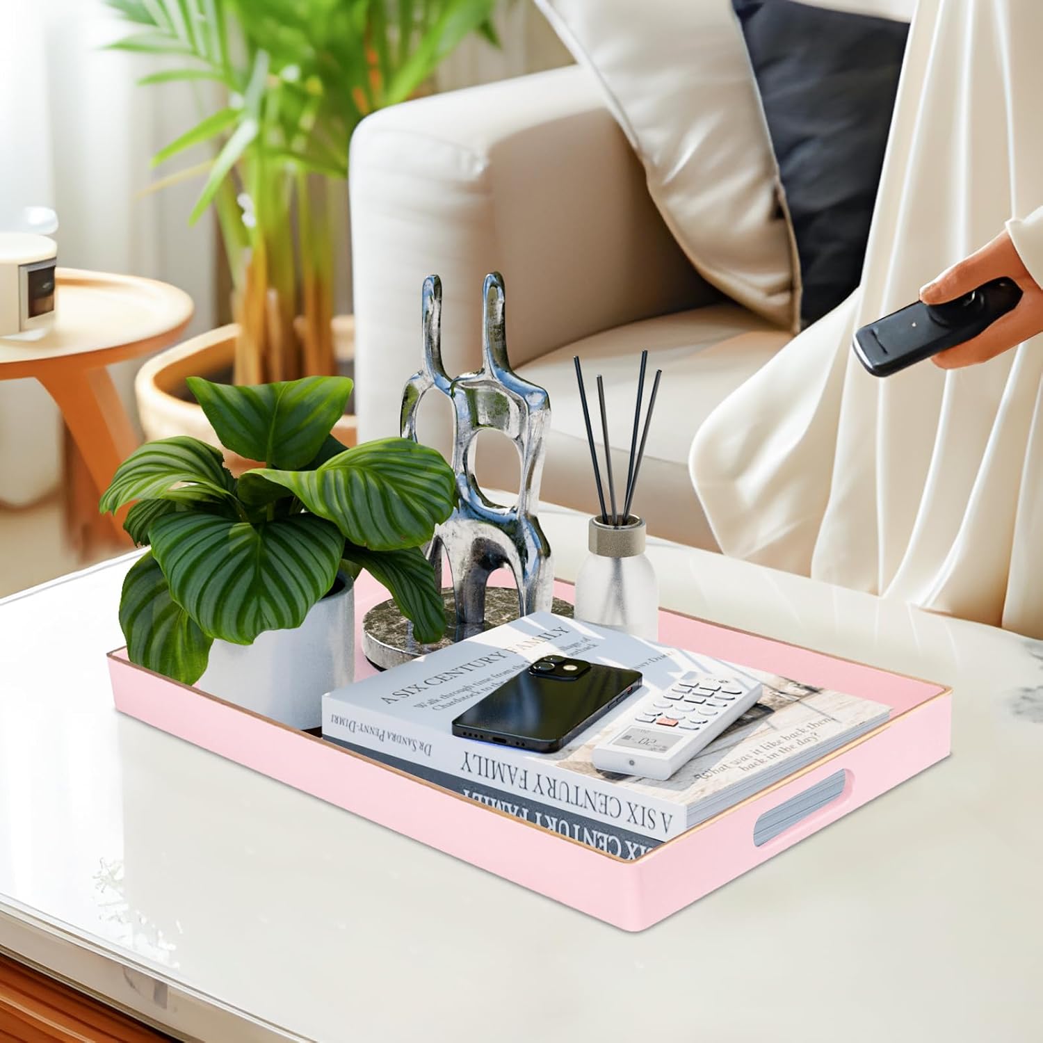 MAONAME Pink Serving Tray with Handles, Modern Decorative Tray for Coffee Table, Plastic Rectangular Tray for Ottoman, Bathroom, Decor, 15.8” x 10.2” x1.4