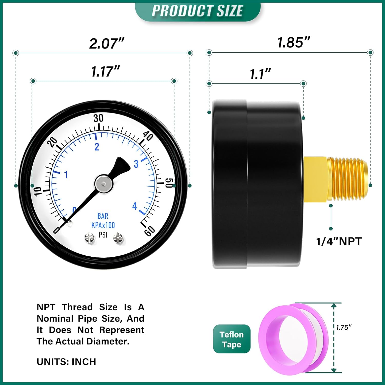 0-60psi Well Pump Pressure Gauge 1/4" NPT 2" Face Dial Size Back Mount, Multifunctional Practical Dry Pressure Gauge, for Water, Oil and Air Compressor