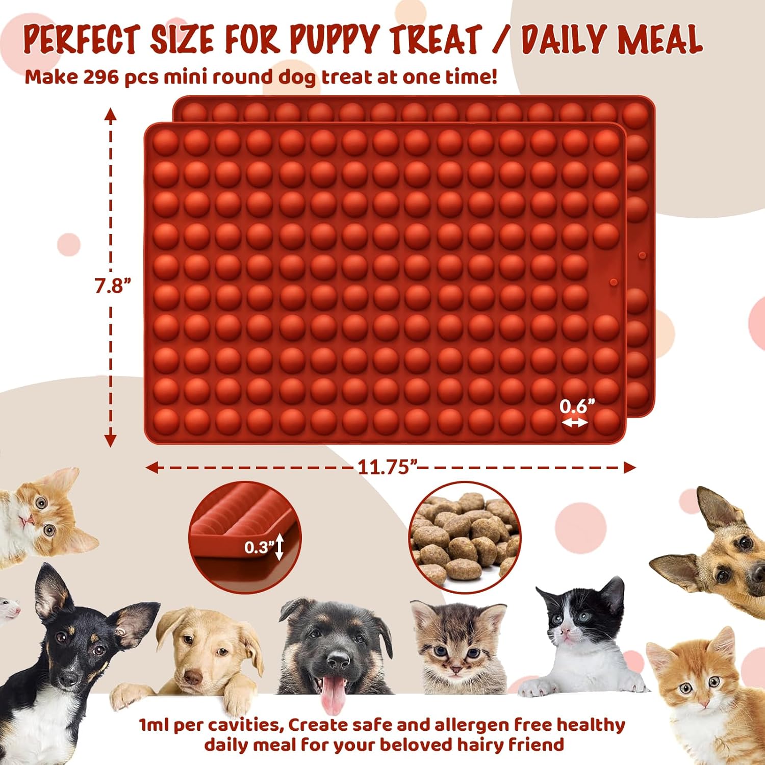 HKNMTT Mini Semi Sphere Shape Molds Silicone, 296 Cavities Round Baking Moulds for Dog Treats Snack Candy Chocolate Chip Cookie Wax Yogurt Melts, Oven Safe Small Half Ball Pellet Sheets