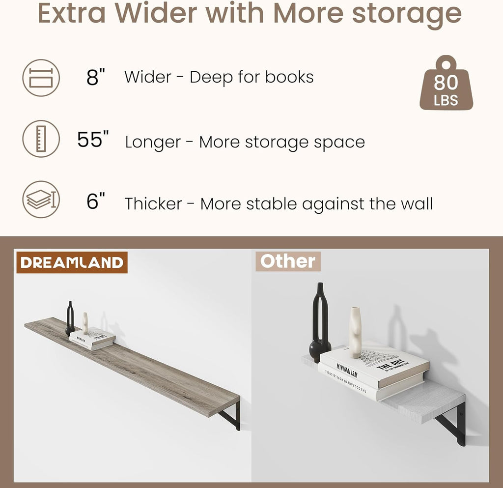 Dreamland 8 inch Deep Floating Shelves for Wall, 55W x 8D Wall Mounted Shelves Set of 2, Wide Display Ledge Shelf with Sturdy Metal Brackets for Living Room, Bathroom, Bedroom and Kitchen, Grey