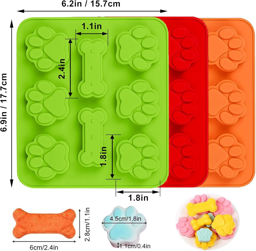 Puppy Dog Paw and Bone Silicone Molds, 2-in-1 and 6-in-a-row Dog Paw Molds,Non-Stick Food Grade,for Chocolate, Candy, Pudding, Jelly, Dog Treats-Set of 6 Pcs