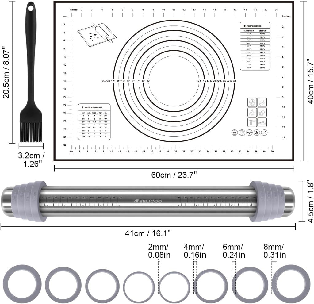 Rolling Pin and Silicone Pastry Mat Set, Adjustable Stainless Steel Dough Roller Pin with Silicone Brush for Pizza, Pie, Cookie, Pasta and Bread (Grey, 16.1 '')