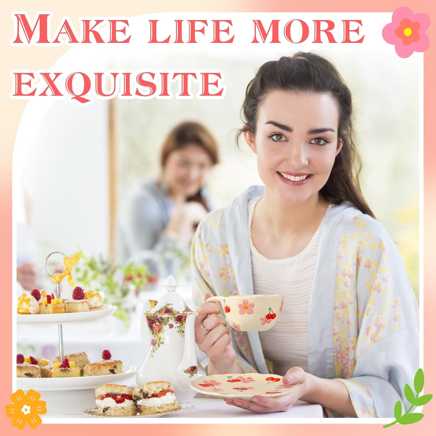 Cappuccino Cups with Saucers 8 oz Latte Art Cup Ceramics Coffee Mugs Irregular Aesthetic Flower Cups for Espresso, Double Shot, Americano, Latte, Tea - Microwave and Dishwasher Safe (Pink Cherry)