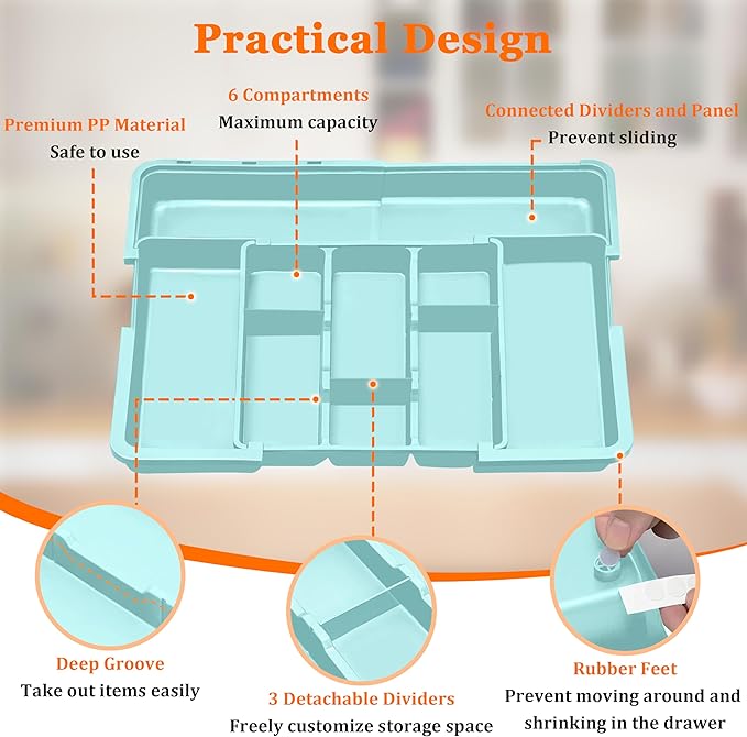 Large Utensil Drawer Organizer Expandable Silverware Organizer for Kitchen Drawer Adjustable Cooking Utensil Holder Cutlery Flatware Tray Spatula Tools Gadgets Storage Dividers Plastic Turquoise