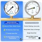 MEANLIN MEASURE 0~60Psi Liquid Filled Pressure Gauge Stainless Steel with 316 Stainless Steel Joint 1/4" NPT 2.5" FACE DIAL for Pool Filter Pump Water Oil Air Compressor Center Back Mount
