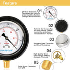 Vacuum Gauge 2-1/2" Dial Liquid Filled -30 inhg/0, Rubber Protective Case, 1/4" Brass Lower Mount, Including 1/4" to 1/8" Thread Adapter and Teflon Tape