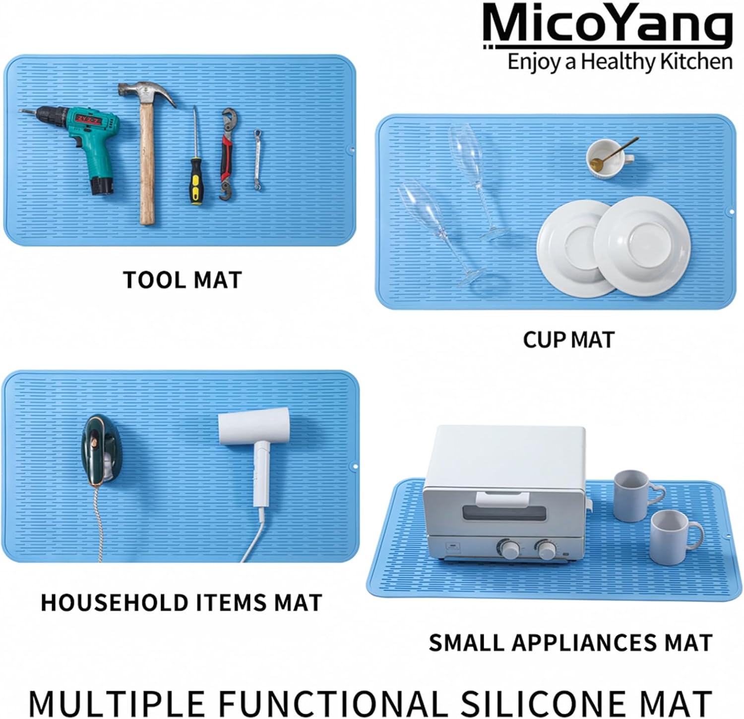 Silicone Dish Drying Mat for Multiple Usage,Easy clean,Eco-friendly,Heat-resistant Silicone Mat for Kitchen Counter or Sink,Refrigerator or Drawer Liner Light Blue 3XL 28 inches x 18 inches