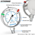 MEANLIN MEASURE 0~400Psi Stainless Steel Liquid Filled Pressure Gauge 2.5" FACE DIAL 1/4" NPT for Air Compressor Air Regulator Water Filter Lower Mount with Stainless Steel Hex Bushing and Snaps