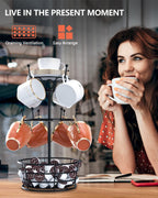 Visentor Rotatable Metal Coffee Mug Rack - 3 Tier Holder with 10 Hooks, Cup Pods & Saucer Basket for Bar Kitchen Counter - Black