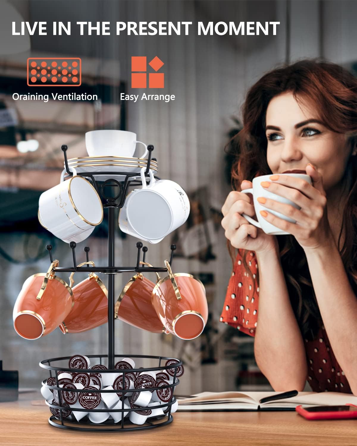 Visentor Rotatable Metal Coffee Mug Rack - 3 Tier Holder with 10 Hooks, Cup Pods & Saucer Basket for Bar Kitchen Counter - Black