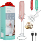 HAUSHOF Powerful Rechargeable Milk Frother Wand with Stand, Handheld Electric Foam Maker, Drink Mixer with Detachable Stainless Steel Whisk for Coffee Latte, Cappuccino, Matcha, Pink