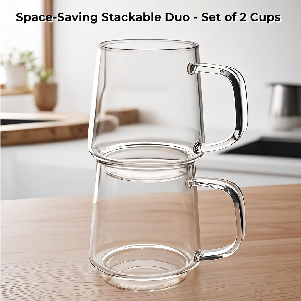 Aquach 16 Oz Glass Coffee Tea Cups, Clear Mugs with Handle, Microwave and Dishwasher safe Home Office Mug Perfect for Americano Latte Hot Beverages, 2-Pack