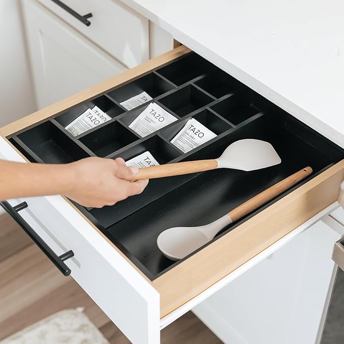 KitchenEdge Tea Bag and Coffee Pod Kitchen Drawer Organizer, Expandable 9.7 to 17 Inches, 10 Storage Compartments, Adjustable Wall Inserts, Non-Slip Feet, Food-Safe Black Finish, 100% Bamboo Wood