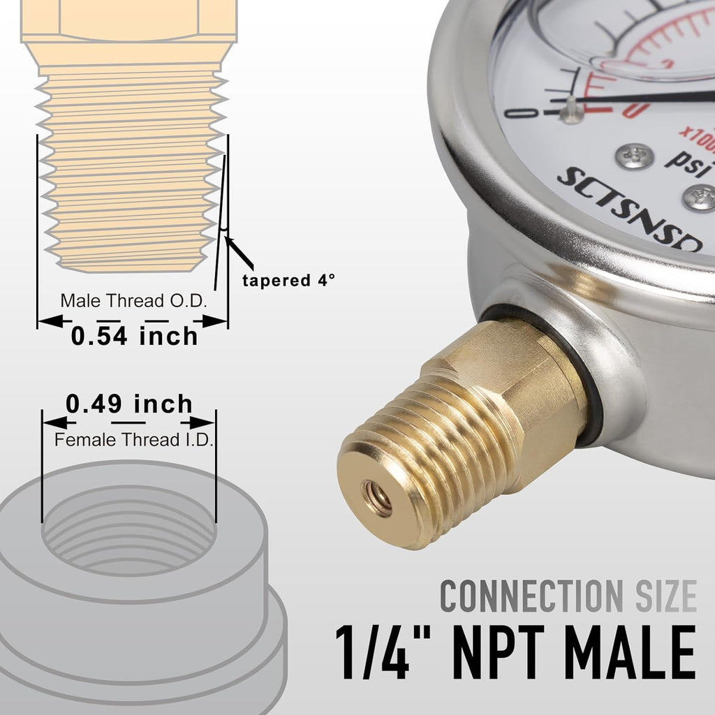 0 to 3000 Psi Pressure Gauge, Glycerin Liquid Filled, 2.5 inch Dial, 1/4" NPT Lower Mount, Stainless Steel Case, for Regulator, Brew Setup, Beer, Kombucha, HVAC, Hydraulic, High Pressure Test