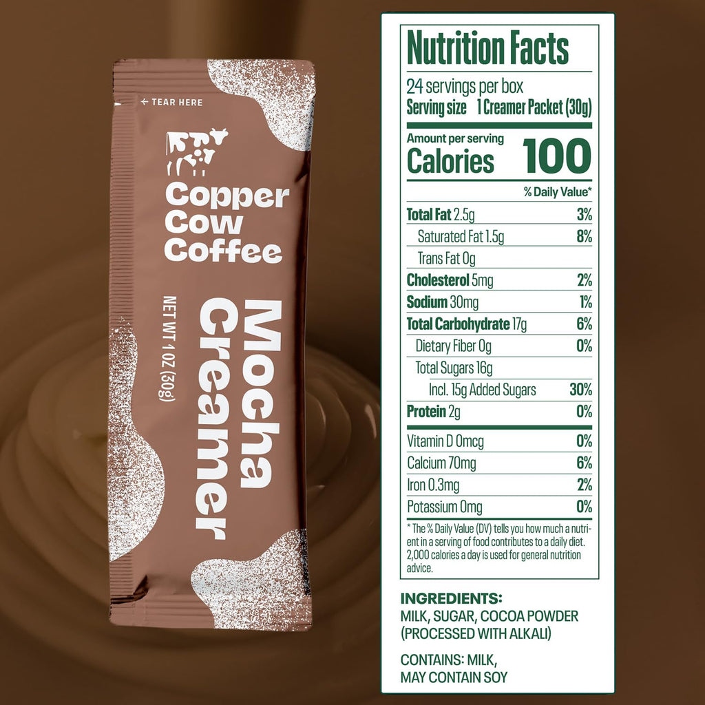 Copper Cow Coffee Sweetened Mocha Milk Creamer Singles (24 pack) | Vietnamese Inspired Coffee Creamer, All Natural Creamer Packets for Pour Overs & Lattes | No Refrigeration Needed