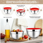 TeamFar Mixing Bowls, 4.5/3/1.5/1/0.7 QT, Stainless Steel Metal Nesting Salad Bowl with Lid Set, Ideal for Mixing Serving, Non-Toxic & Sturdy, Airtight Lid & Easy Clean, Red-Set of 5