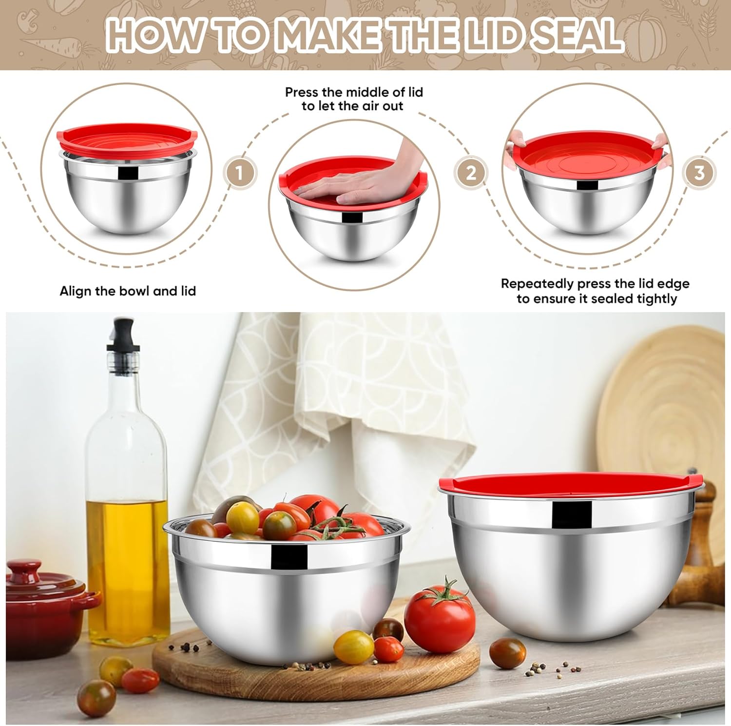 TeamFar Mixing Bowls, 4.5/3/1.5/1/0.7 QT, Stainless Steel Metal Nesting Salad Bowl with Lid Set, Ideal for Mixing Serving, Non-Toxic & Sturdy, Airtight Lid & Easy Clean, Red-Set of 5