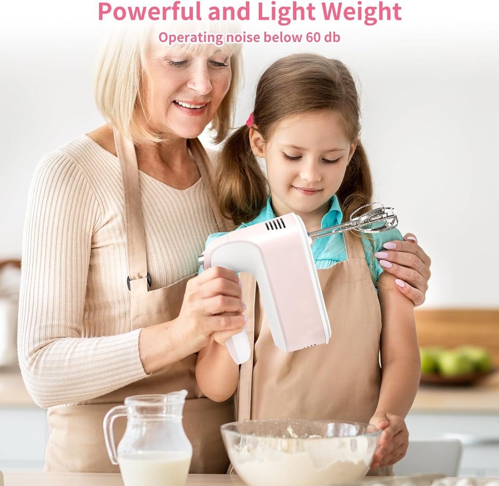 CBQ Hand Mixer Electric, 9 Speed 400W Handheld Mixer with Digital, Touch Button, Turbo, Storage Case, 5x Stainless Steel Accessories, Mixer Electric Handheld for Cake, Cookie, Egg (Pale Pink)