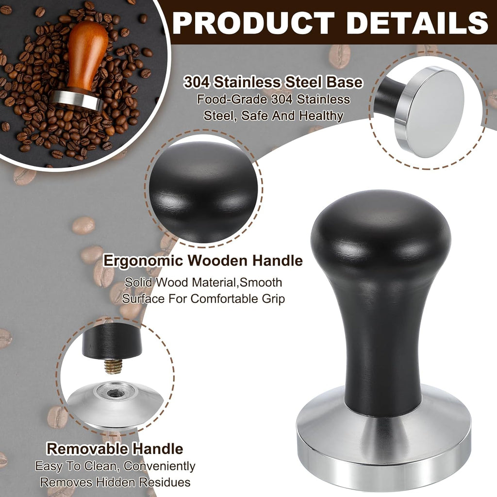 uxcell 58mm Coffee Tamper, Stainless Steel Espresso Press Tamper, Espresso Tamper with Wooden Handle Suitable for Coffee Shop, Restaurant Bar, Bakery (Black)